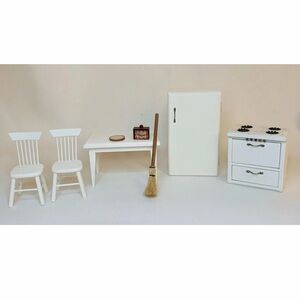 Dollhouse miniature kitchen furniture including a refrigerator, stove, table Set
